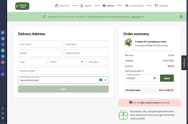 Green Chef checkout page showing Green Chef promo code box | Screenshot taken by SimplyCodes community member on Aug 31, 2025