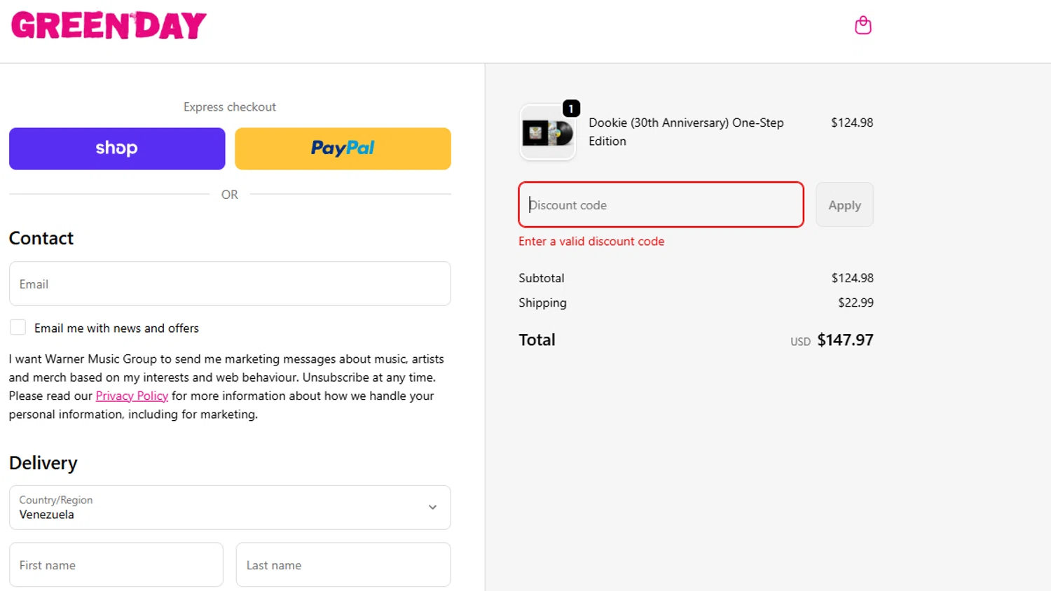 Green Day discount code screenshot showing code GIMMEGIMME applied at Green Day checkout page. Uploaded by SimplyCodes community member Dejadepicharme on Feb 9, 2026