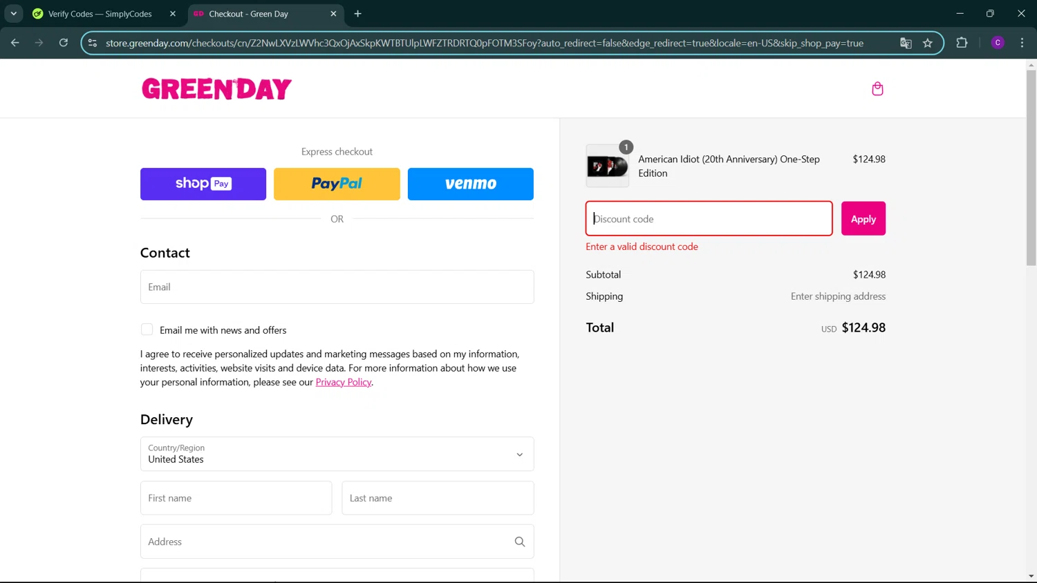 Green Day discount code screenshot showing code GIMMEGIMME applied at Green Day checkout page. Uploaded by SimplyCodes community member GoldSeeker3096 on Jan 27, 2025
