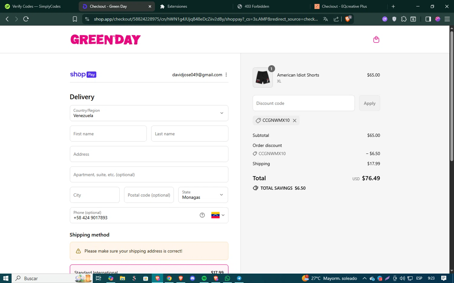 Green Day discount code screenshot showing code CCGNWMX10 applied at Green Day checkout page. Uploaded by SimplyCodes community member SmartSaver5448 on Aug 11, 2025