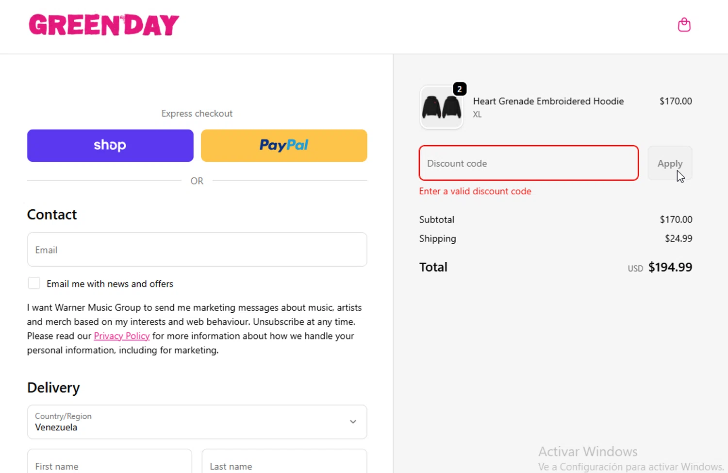 Green Day discount code screenshot showing code bfgift applied at Green Day checkout page. Uploaded by SimplyCodes community member ligthYA on Dec 26, 2025