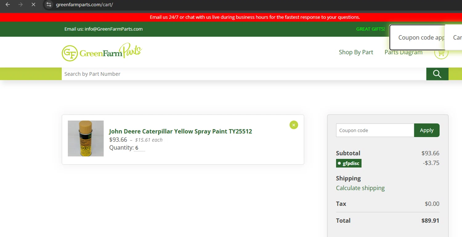 Green Farm Parts coupon code screenshot showing code GFPDISC applied at Green Farm Parts checkout page. Uploaded by SimplyCodes community member Limon02 on Mar 25, 2025