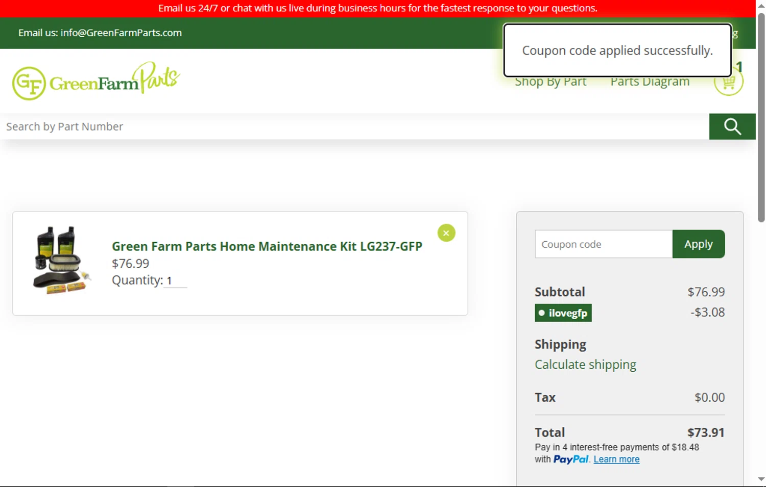 Green Farm Parts coupon code screenshot showing code ILOVEGFP applied at Green Farm Parts checkout page. Uploaded by SimplyCodes community member VoucherFinder3467 on Mar 11, 2025