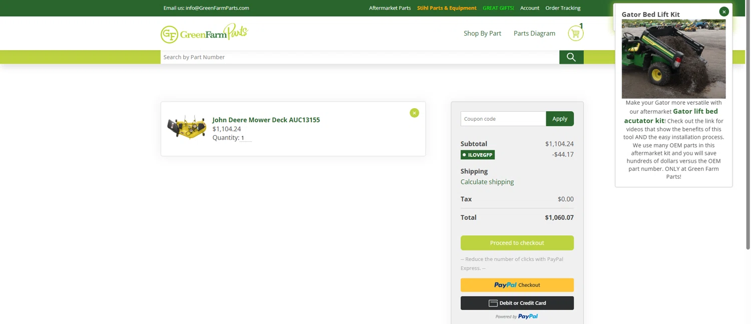 Green Farm Parts coupon code screenshot showing code ILOVEGFP applied at Green Farm Parts checkout page. Uploaded by SimplyCodes community member VictoriousSentinel2155 on Jun 24, 2025