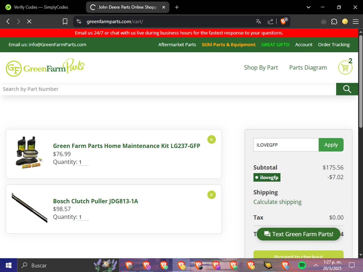 Green Farm Parts coupon code screenshot showing code ILOVEGFP applied at Green Farm Parts checkout page. Uploaded by SimplyCodes community member DealAce7908 on May 20, 2025