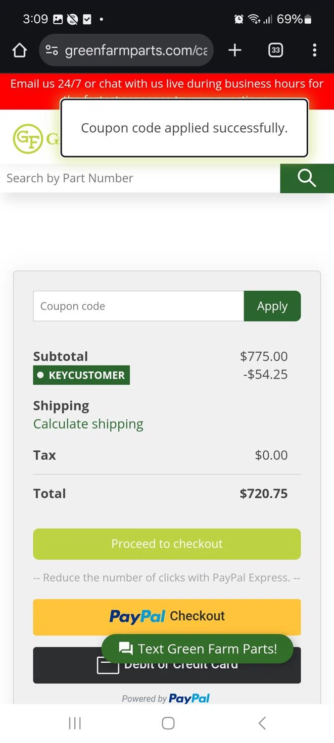 Green Farm Parts coupon code screenshot showing code keycustomer applied at Green Farm Parts checkout page. Uploaded by SimplyCodes community member delvallemaria on Jun 24, 2025