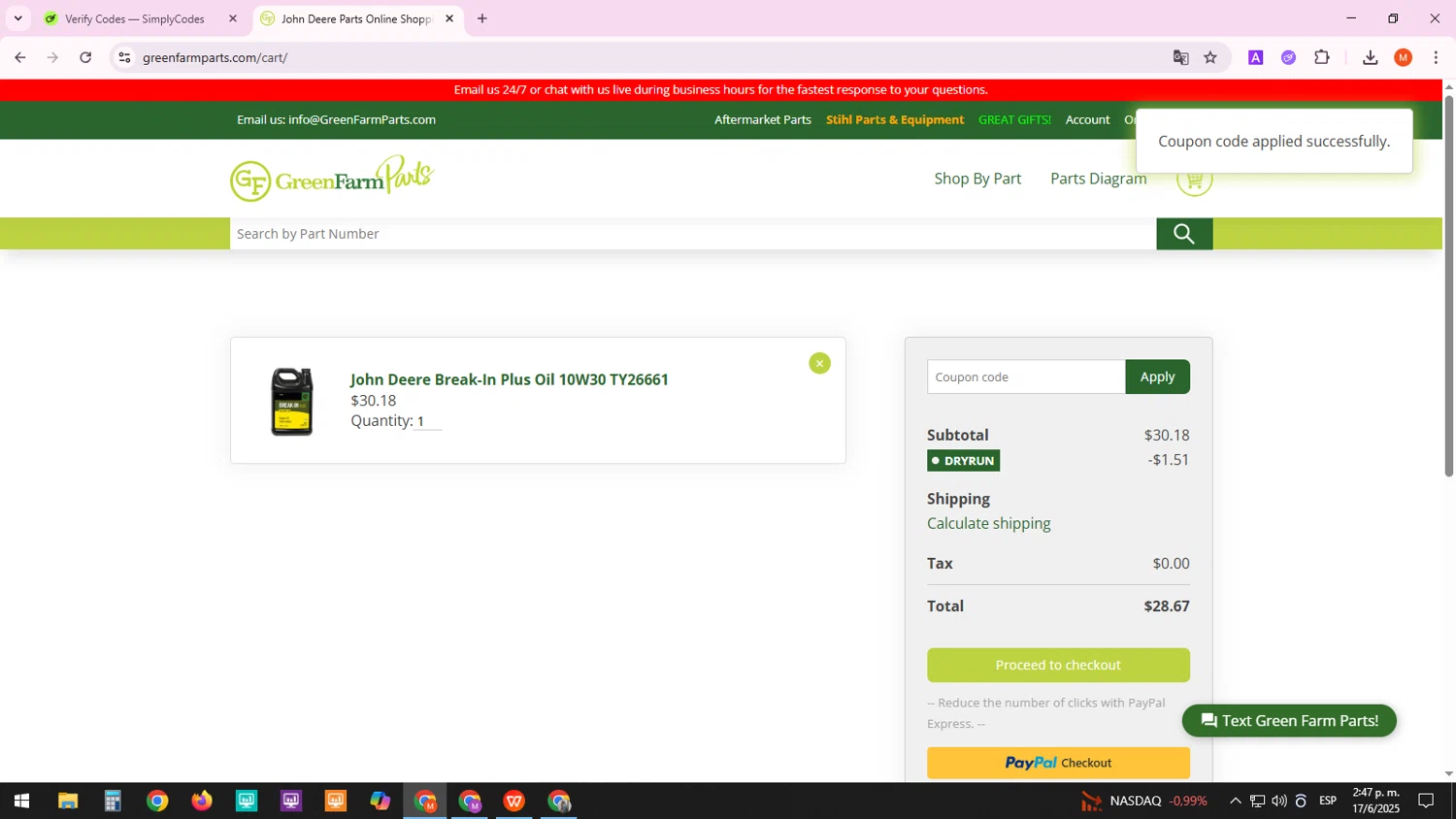 Green Farm Parts coupon code screenshot showing code dryrun applied at Green Farm Parts checkout page. Uploaded by SimplyCodes community member Mark13 on Jun 17, 2025