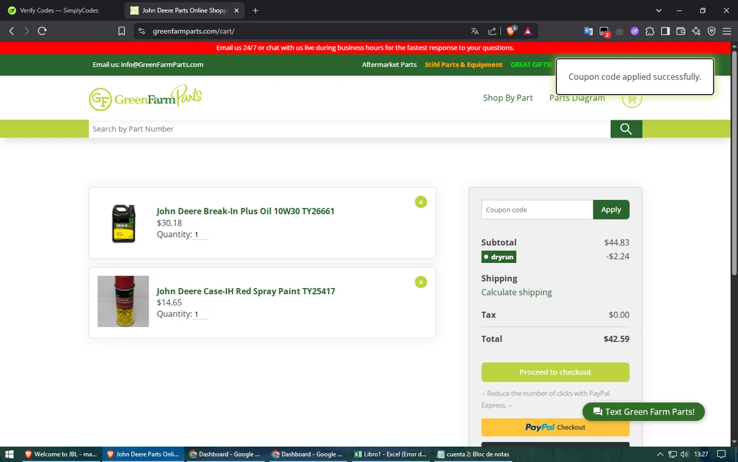 Green Farm Parts coupon code screenshot showing code dryrun applied at Green Farm Parts checkout page. Uploaded by SimplyCodes community member ShieldElite2370 on May 20, 2025