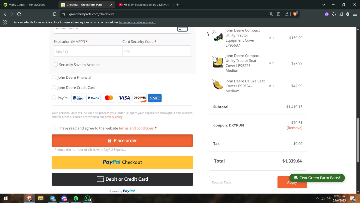 Green Farm Parts coupon code screenshot showing code dryrun applied at Green Farm Parts checkout page. Uploaded by SimplyCodes community member juanvargas1 on Jun 24, 2025