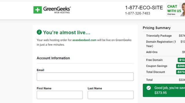 GreenGeeks checkout page showing GreenGeeks coupon code box | Screenshot taken by SimplyCodes community member on May 1, 2022