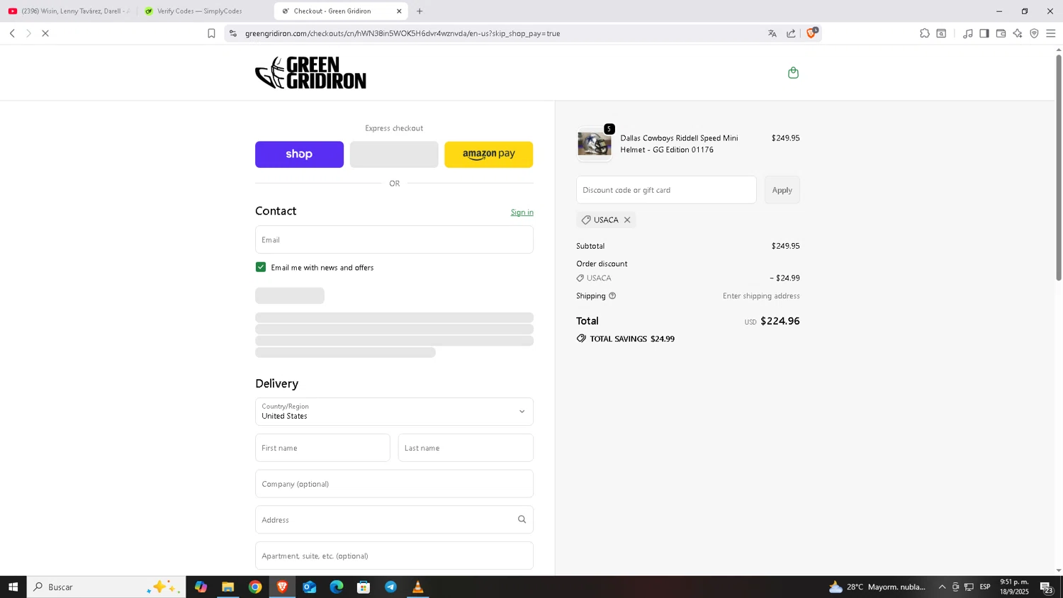 Green Gridiron discount code screenshot showing code USACA applied at Green Gridiron checkout page. Uploaded by SimplyCodes community member Carloscoder_900457733 on Sep 19, 2025