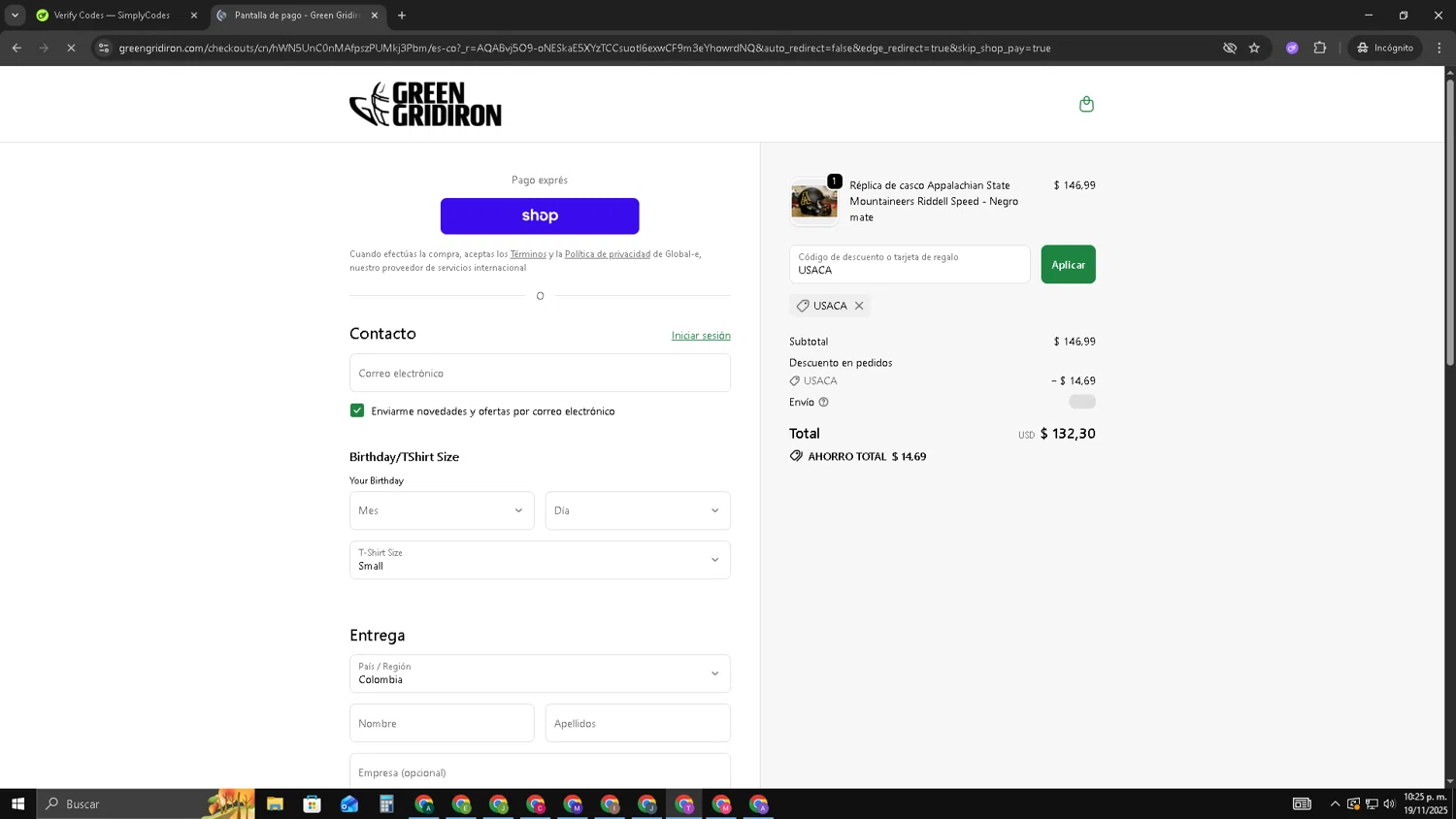 Green Gridiron discount code screenshot showing code USACA applied at Green Gridiron checkout page. Uploaded by SimplyCodes community member ShrewdSleuth9497 on Nov 20, 2025