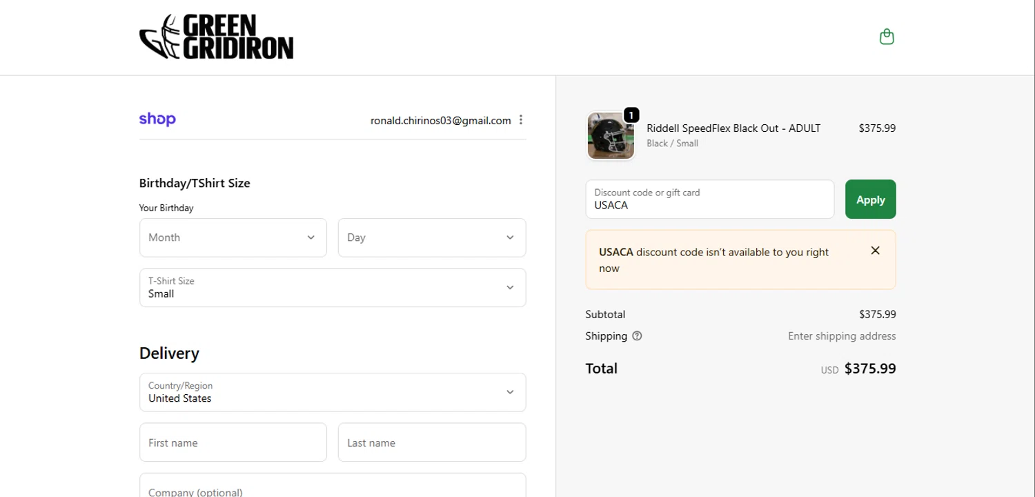 Green Gridiron discount code screenshot showing code USACA applied at Green Gridiron checkout page. Uploaded by SimplyCodes community member SmartWhiz589 on Oct 24, 2025