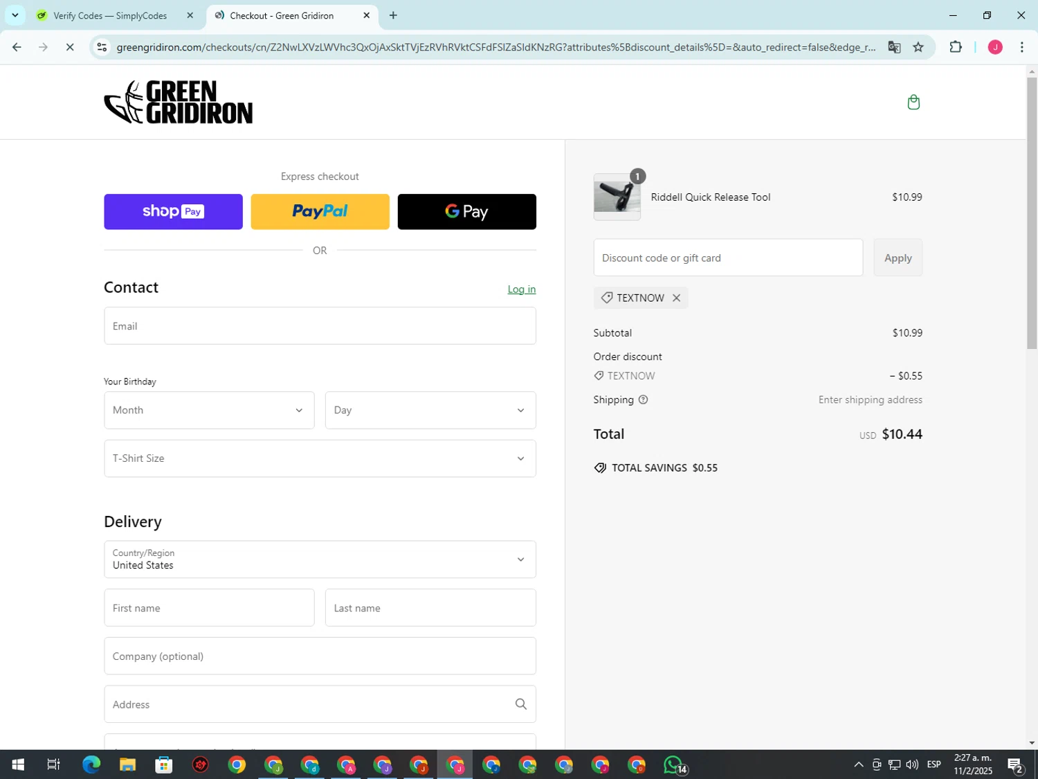 Green Gridiron discount code screenshot showing code TEXTNOW applied at Green Gridiron checkout page. Uploaded by SimplyCodes community member CleverShopper2101 on Feb 11, 2025