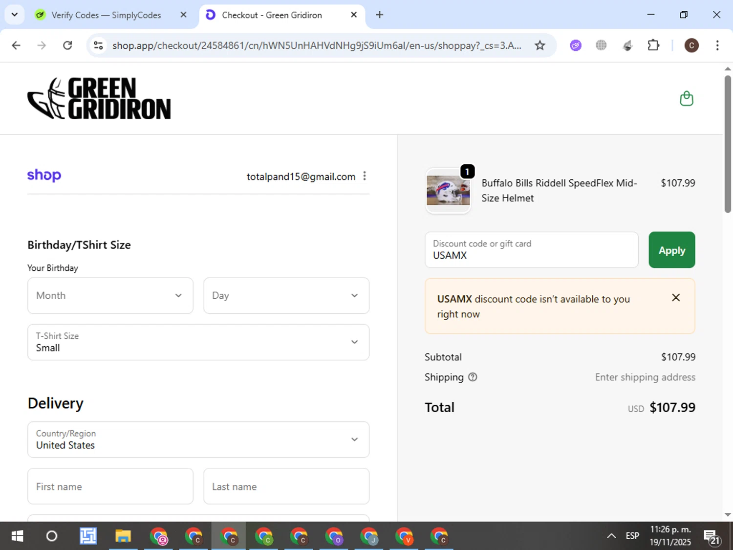 Green Gridiron discount code screenshot showing code USAMX applied at Green Gridiron checkout page. Uploaded by SimplyCodes community member VictorL on Nov 20, 2025