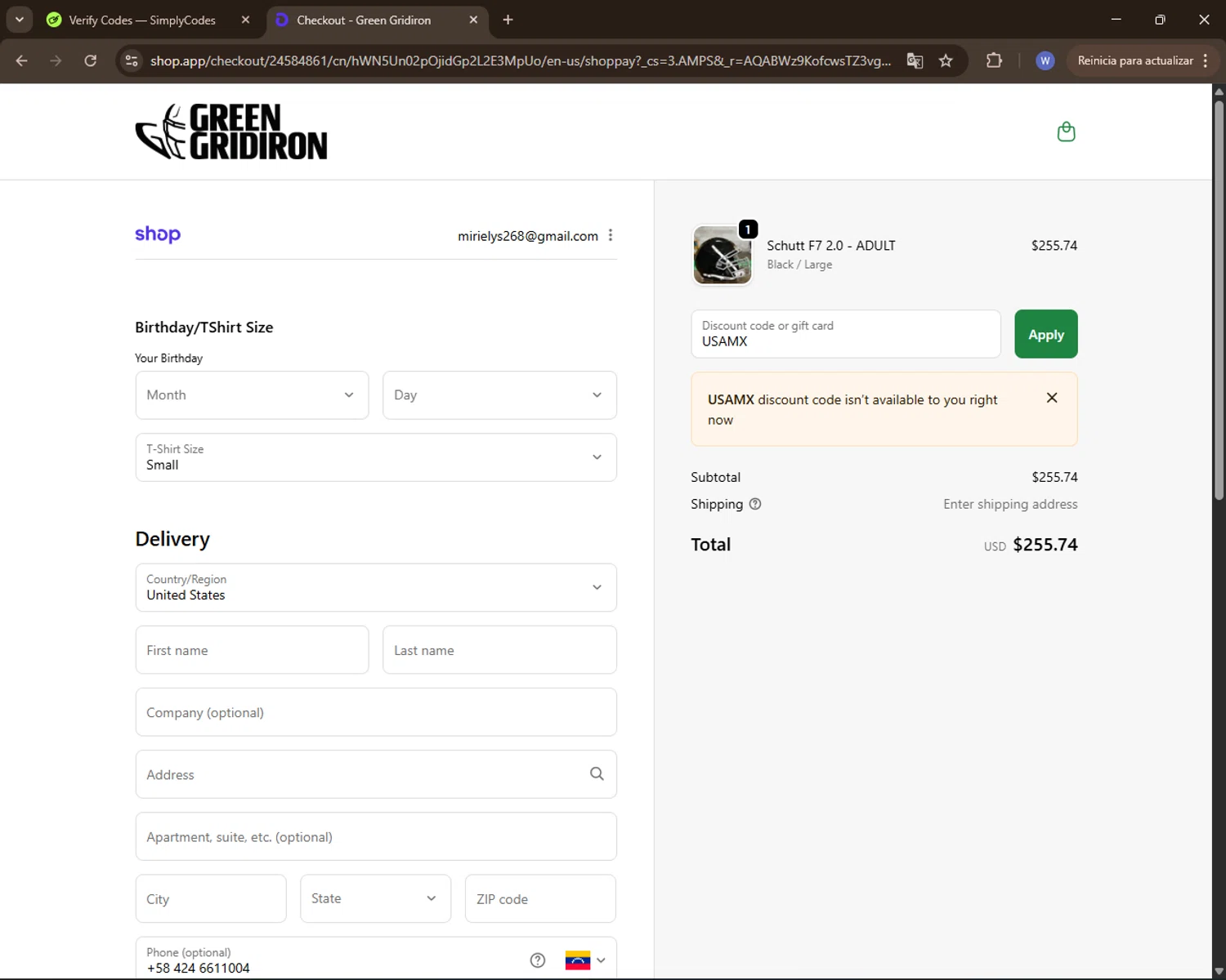 Green Gridiron discount code screenshot showing code USAMX applied at Green Gridiron checkout page. Uploaded by SimplyCodes community member VoucherElite7352 on Nov 20, 2025
