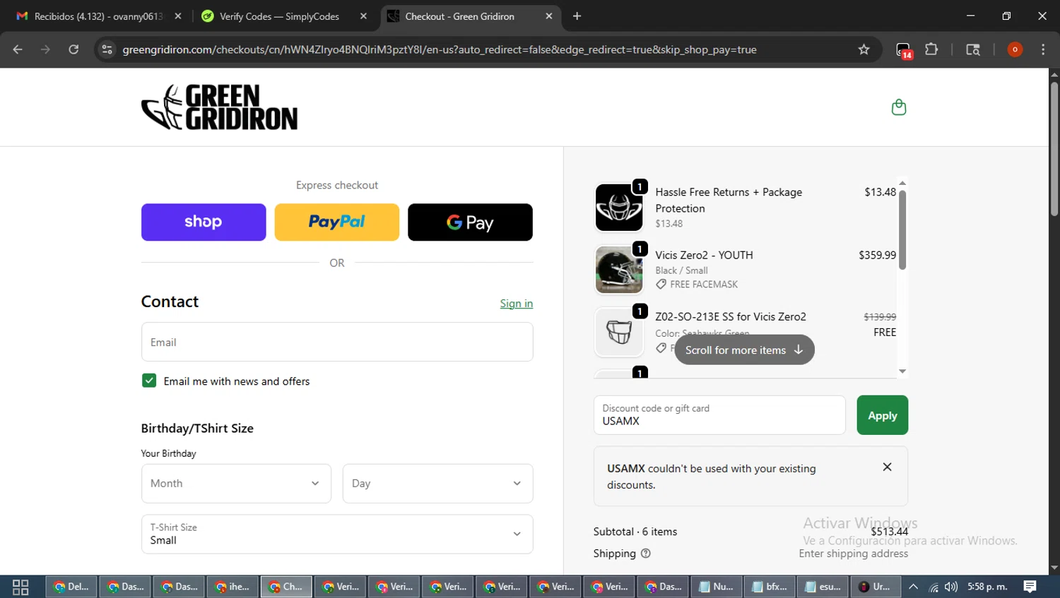 Green Gridiron discount code screenshot showing code USAMX applied at Green Gridiron checkout page. Uploaded by SimplyCodes community member WiseTracker2171 on Oct 26, 2025