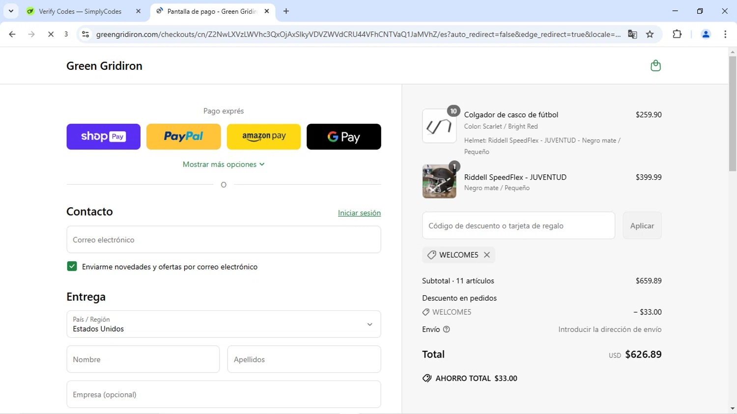 Green Gridiron discount code screenshot showing code WELCOME5 applied at Green Gridiron checkout page. Uploaded by SimplyCodes community member JoseVentura on Jun 19, 2025