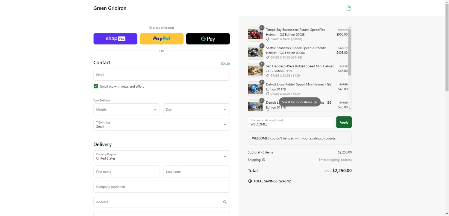 Green Gridiron discount code screenshot showing code WELCOME5 applied at Green Gridiron checkout page. Uploaded by SimplyCodes community member TokenFalcon7462 on Jun 19, 2025