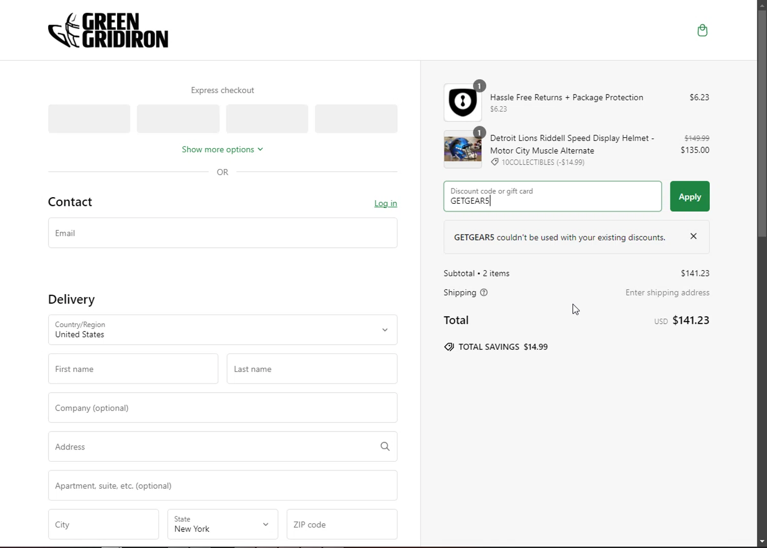 Green Gridiron discount code screenshot showing code GETGEAR5 applied at Green Gridiron checkout page. Uploaded by SimplyCodes community member Heibk201 on Jan 15, 2025