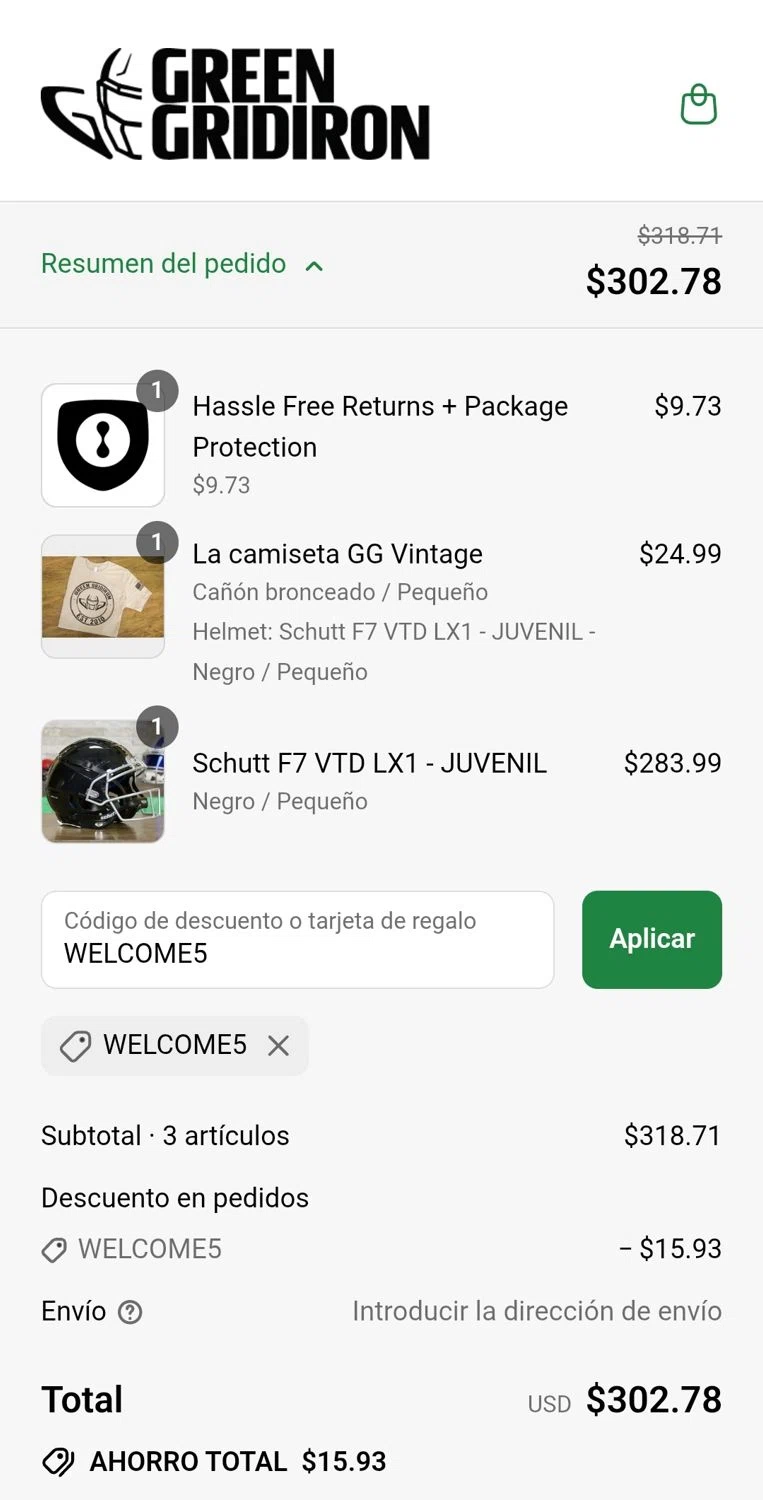 Green Gridiron discount code screenshot showing code WELCOME5 applied at Green Gridiron checkout page. Uploaded by SimplyCodes community member JuanMonge on Sep 2, 2025