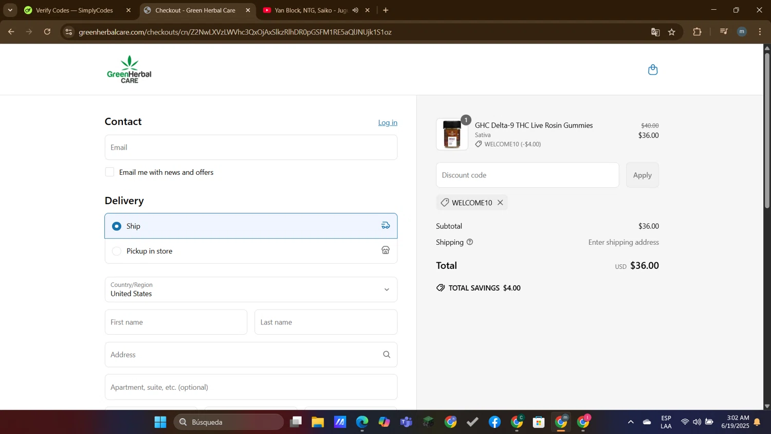 Green Herbal Care discount code screenshot showing code WELCOME10 applied at Green Herbal Care checkout page. Uploaded by SimplyCodes community member DTBERA2024 on Jun 19, 2025