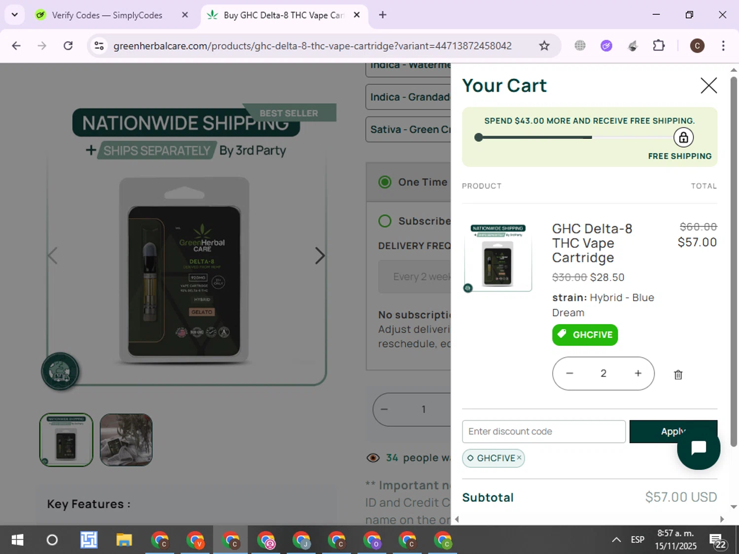 Green Herbal Care discount code screenshot showing code GHCFIVE applied at Green Herbal Care checkout page. Uploaded by SimplyCodes community member ExtraordinaryPro8536 on Nov 15, 2025