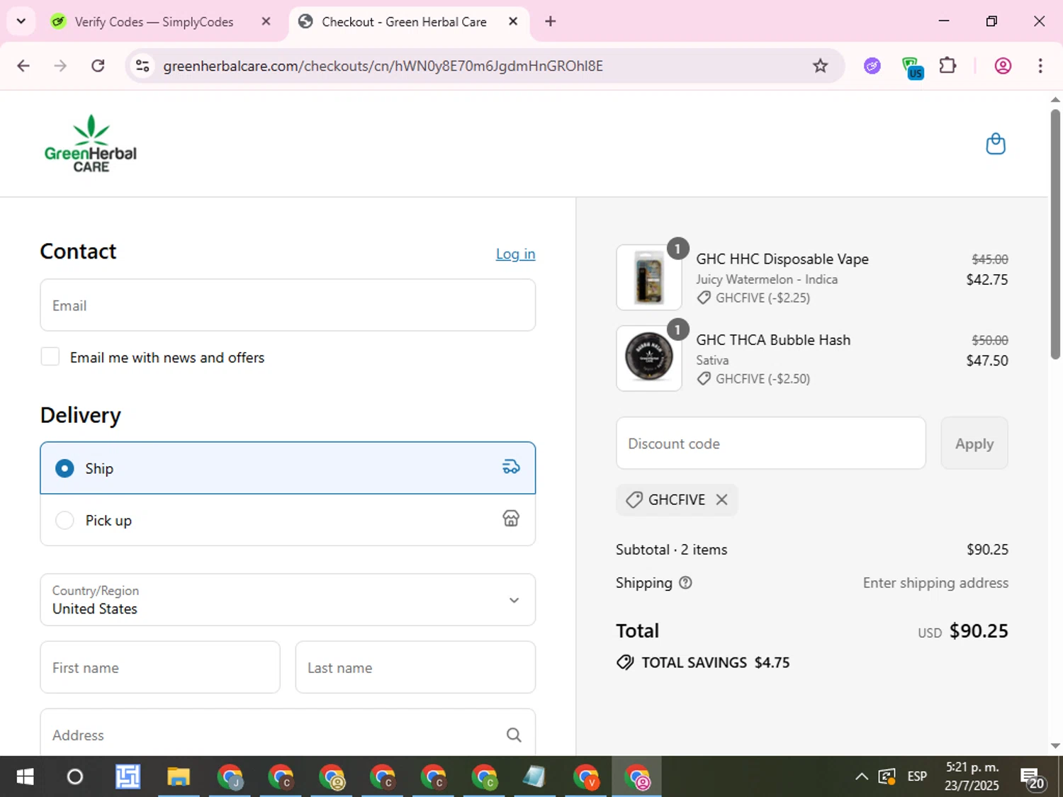 Green Herbal Care discount code screenshot showing code GHCFIVE applied at Green Herbal Care checkout page. Uploaded by SimplyCodes community member QuestCurator1644 on Jul 23, 2025