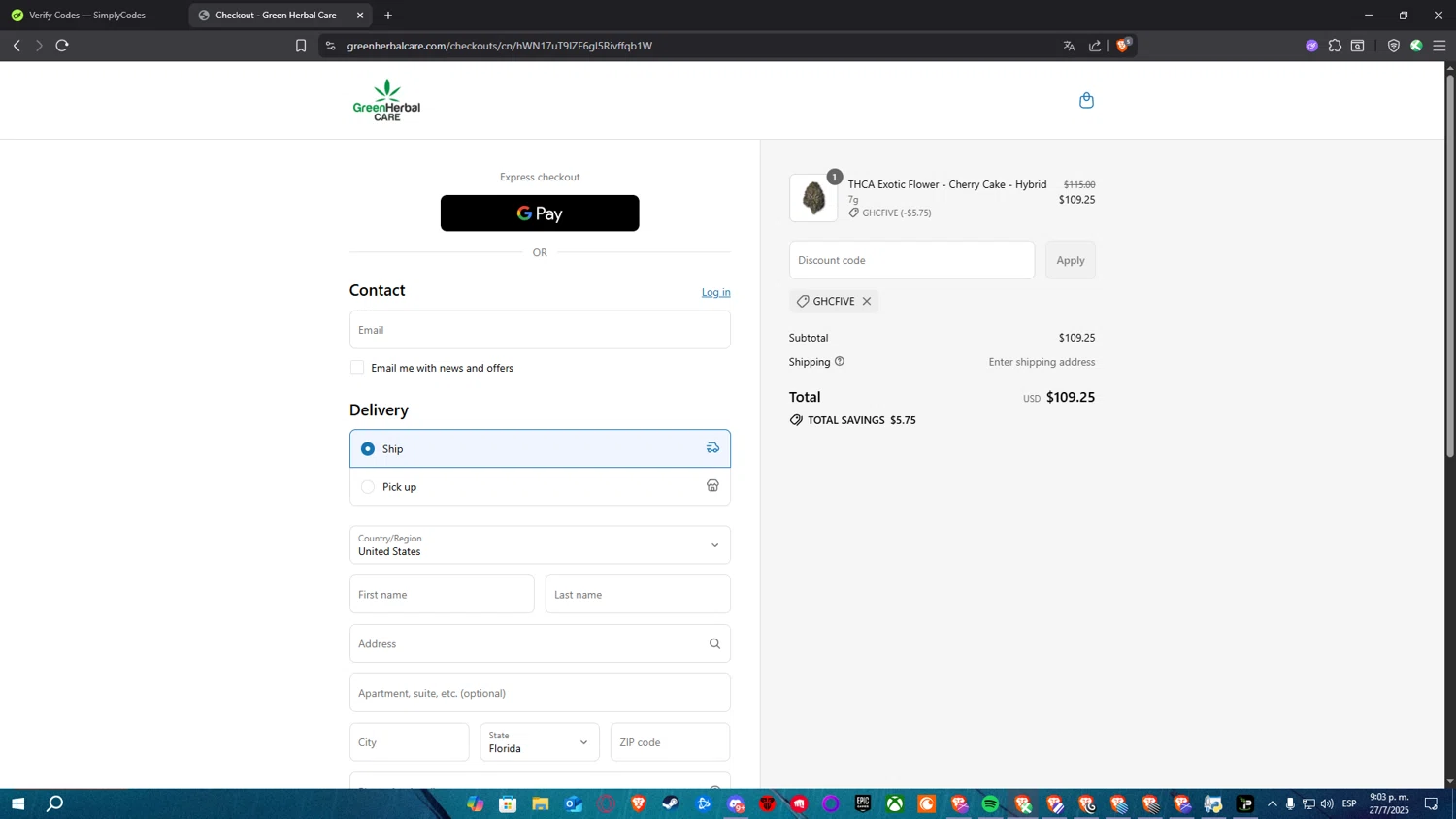 Green Herbal Care discount code screenshot showing code GHCFIVE applied at Green Herbal Care checkout page. Uploaded by SimplyCodes community member Nulo0000 on Jul 28, 2025