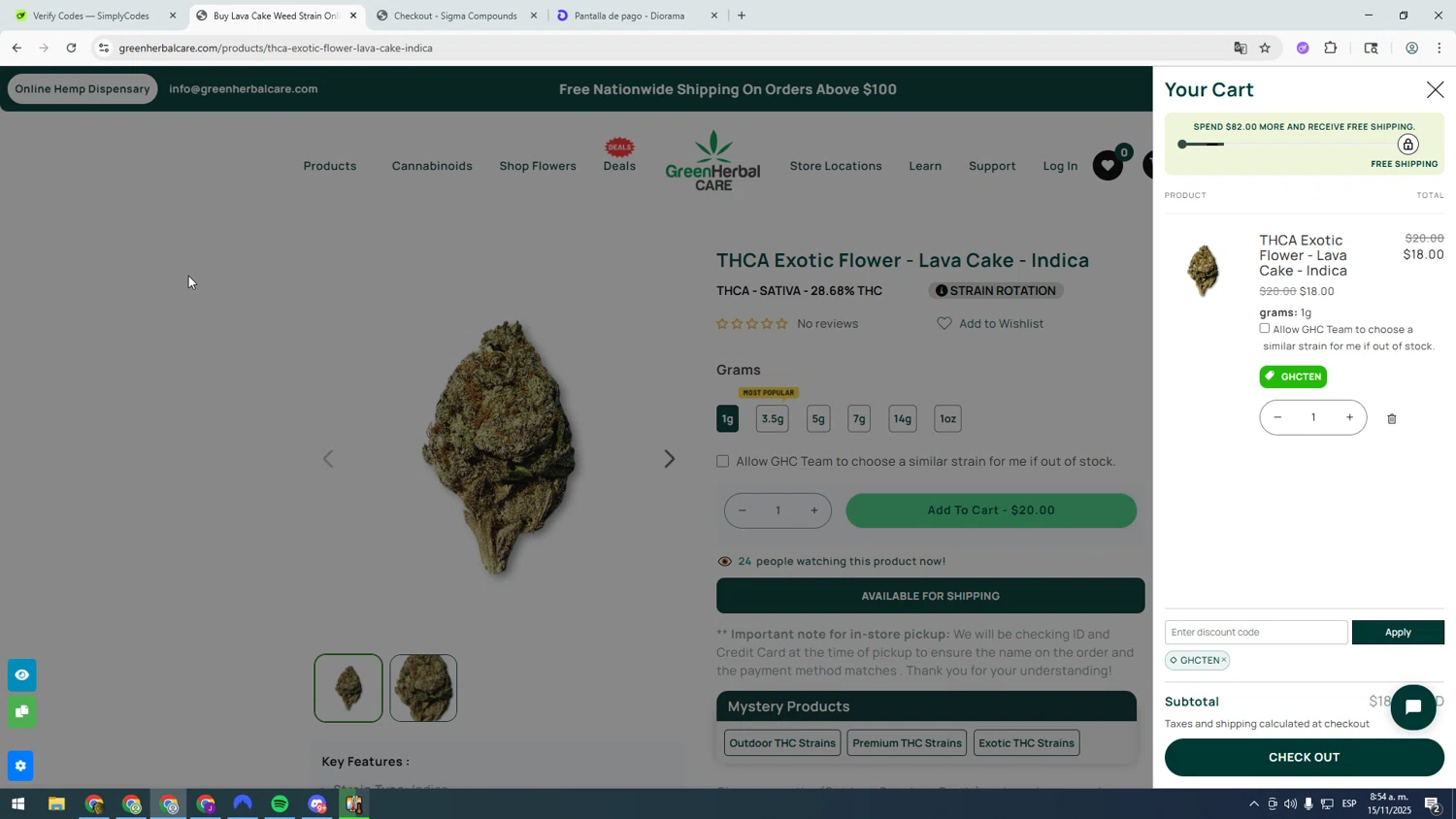 Green Herbal Care discount code screenshot showing code GHCTEN applied at Green Herbal Care checkout page. Uploaded by SimplyCodes community member asdasdasd on Nov 15, 2025
