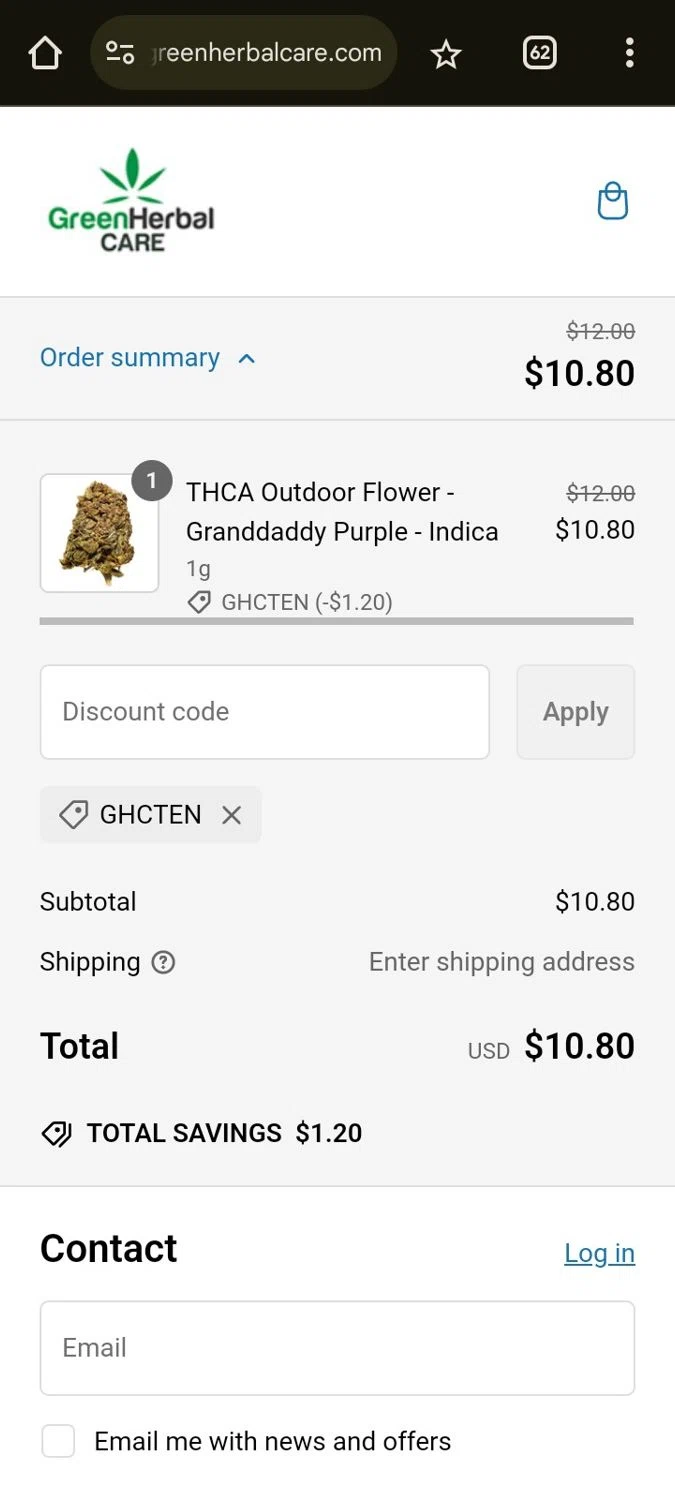 Green Herbal Care discount code screenshot showing code GHCTEN applied at Green Herbal Care checkout page. Uploaded by SimplyCodes community member CleverPilot4885 on Feb 6, 2025