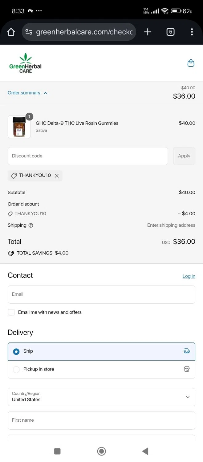 Green Herbal Care discount code screenshot showing code THANKYOU10 applied at Green Herbal Care checkout page. Uploaded by SimplyCodes community member RebateShopper5497 on Jul 15, 2025