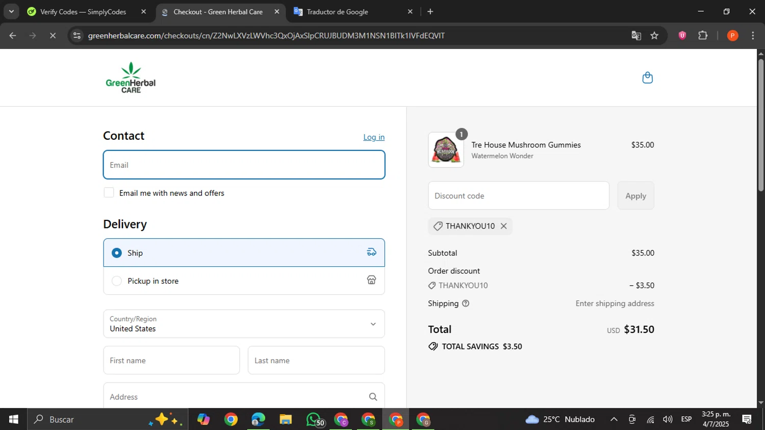 Green Herbal Care discount code screenshot showing code THANKYOU10 applied at Green Herbal Care checkout page. Uploaded by SimplyCodes community member VictoriousCaptain2658 on Jul 4, 2025