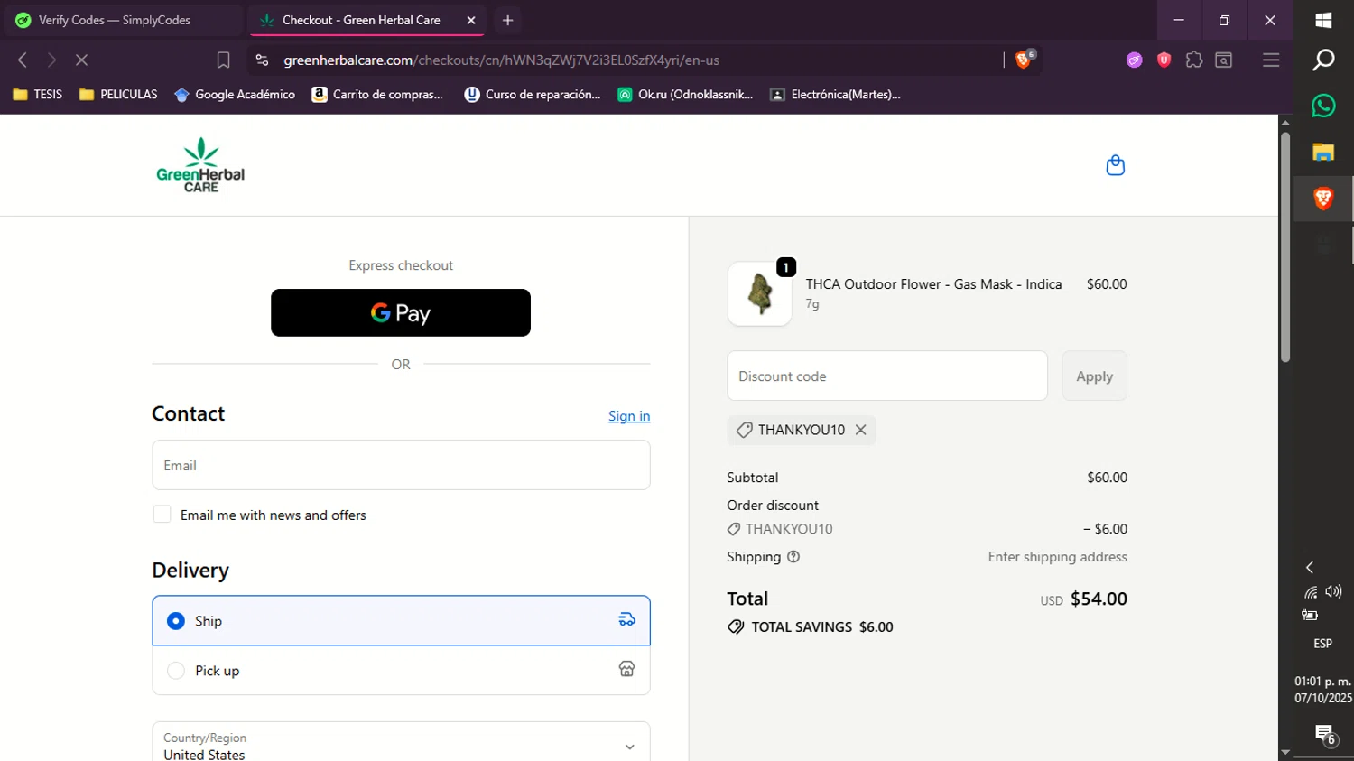 Green Herbal Care discount code screenshot showing code THANKYOU10 applied at Green Herbal Care checkout page. Uploaded by SimplyCodes community member xXdevoragoticas69Xx on Oct 7, 2025