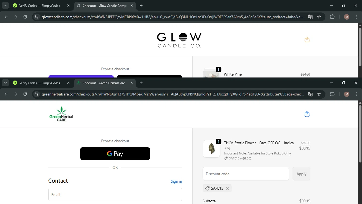 Green Herbal Care discount code screenshot showing code SAFE15 applied at Green Herbal Care checkout page. Uploaded by SimplyCodes community member VoucherSpotter7661 on Dec 11, 2025