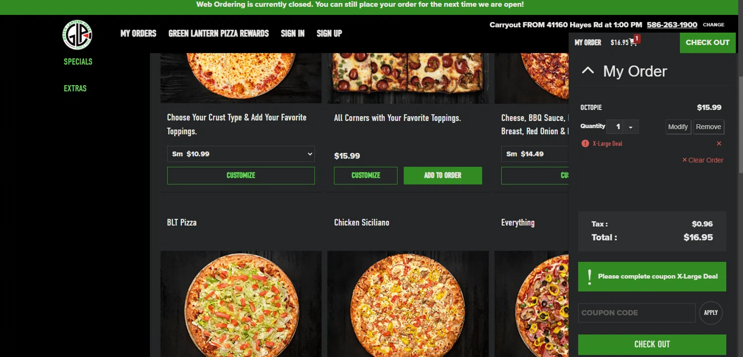 Green Lantern Pizza coupon code screenshot showing code XLDL applied at Green Lantern Pizza checkout page. Uploaded by SimplyCodes community member Nor_man on Feb 2, 2025