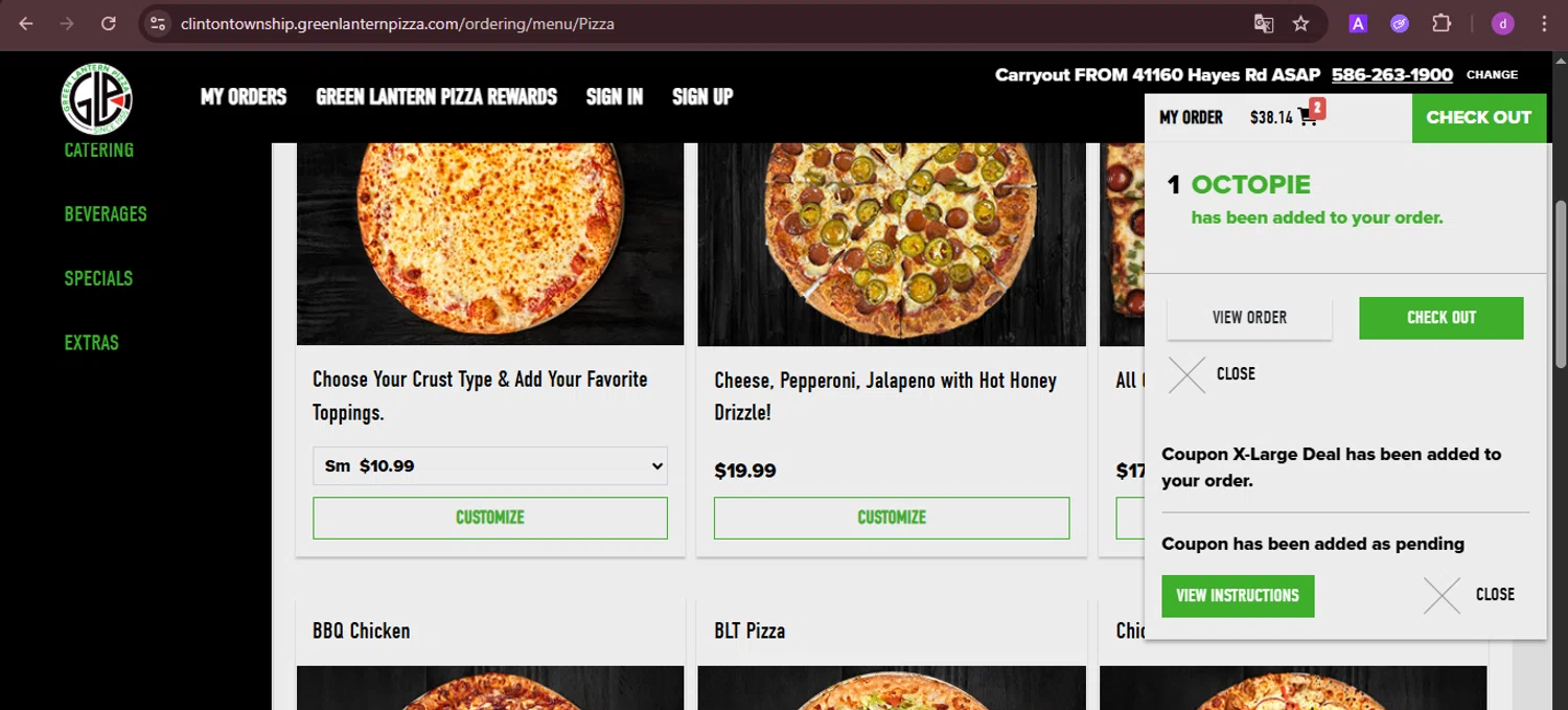 Green Lantern Pizza coupon code screenshot showing code XLDL applied at Green Lantern Pizza checkout page. Uploaded by SimplyCodes community member PennyTiger4891 on Jul 22, 2025