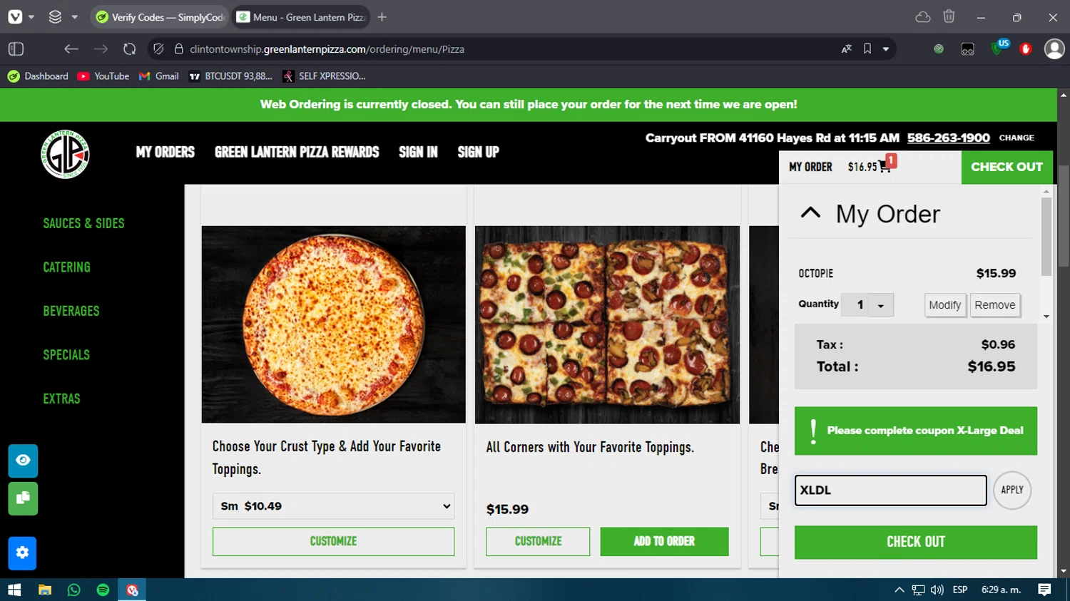 Green Lantern Pizza checkout page showing Green Lantern Pizza coupon code box | Screenshot taken by SimplyCodes community member on Jan 4, 2025