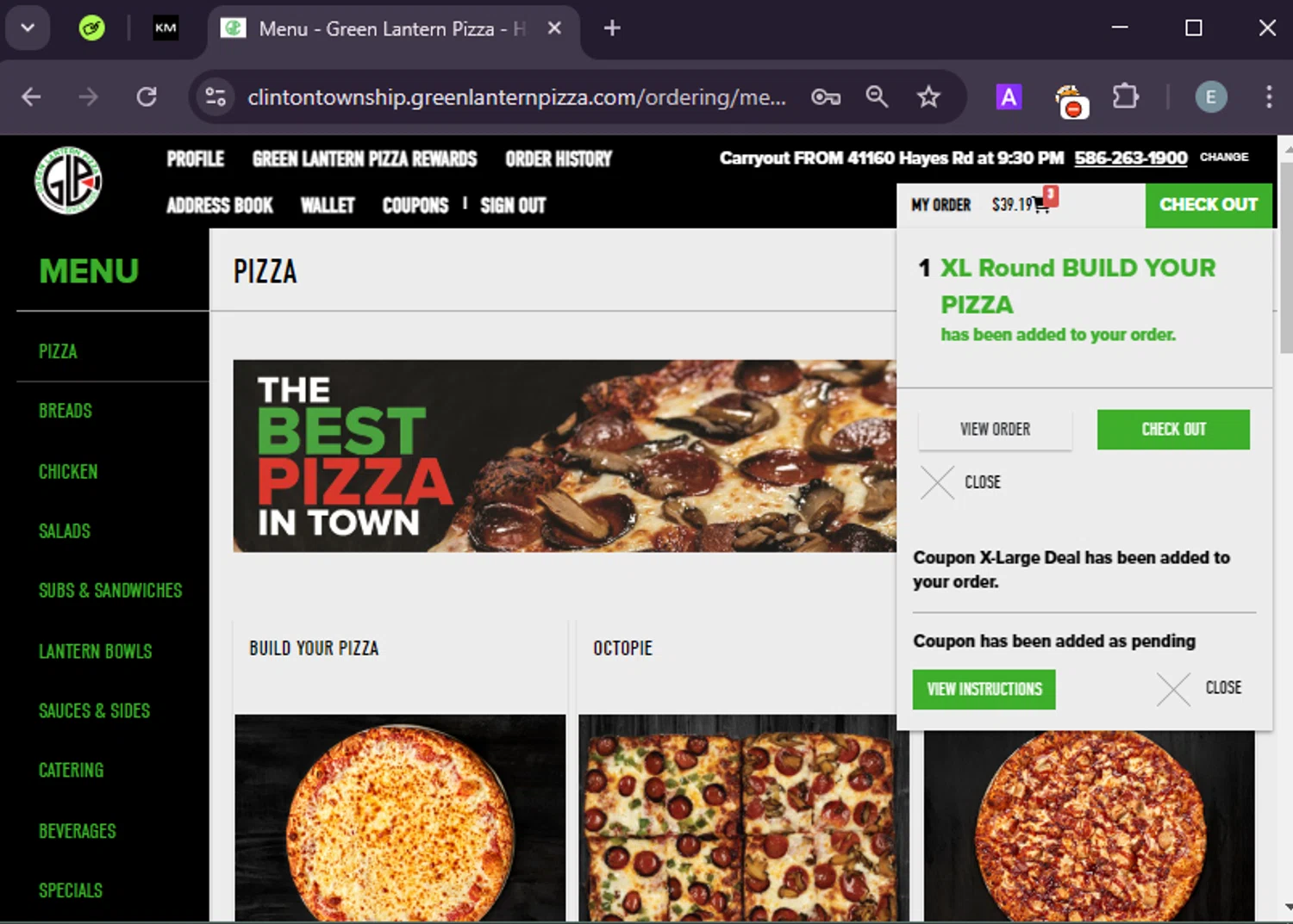 Green Lantern Pizza coupon code screenshot showing code XLDL applied at Green Lantern Pizza checkout page. Uploaded by SimplyCodes community member LuckyExpert7689 on Feb 7, 2025