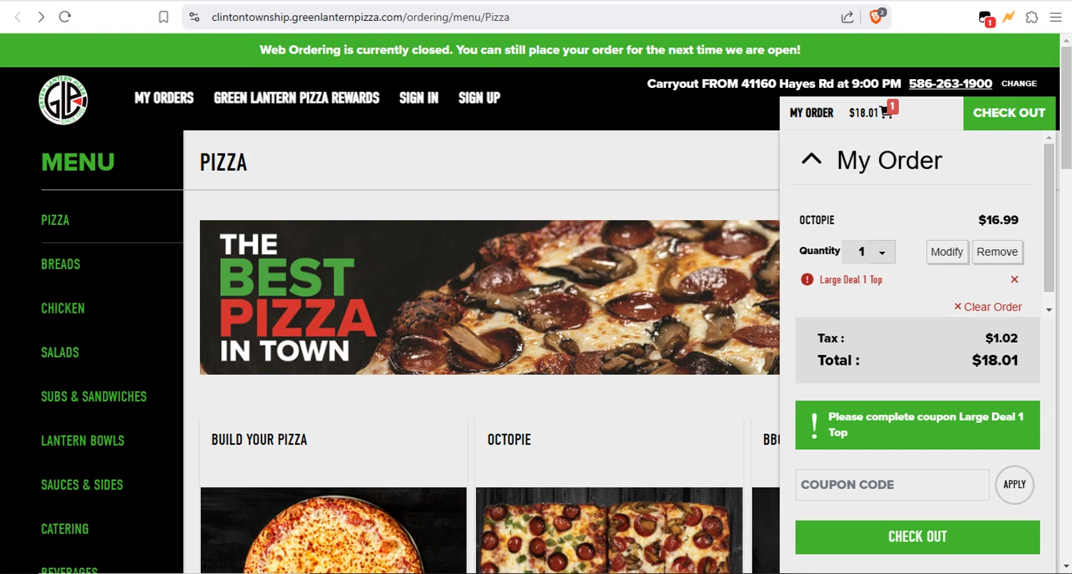 Green Lantern Pizza coupon code screenshot showing code LGDL applied at Green Lantern Pizza checkout page. Uploaded by SimplyCodes community member Fabio05 on Mar 3, 2025