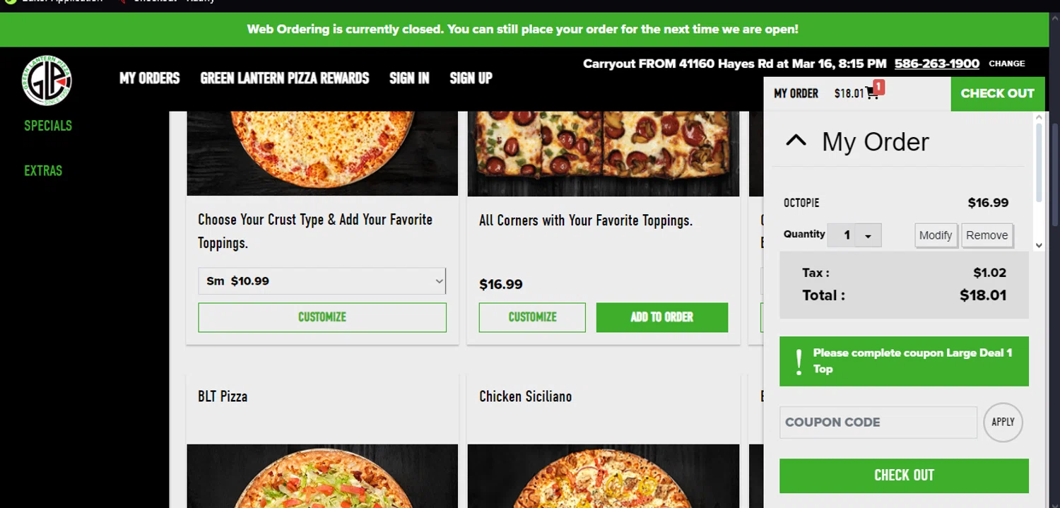 Green Lantern Pizza coupon code screenshot showing code LGDL applied at Green Lantern Pizza checkout page. Uploaded by SimplyCodes community member RebateSpotter2821 on Mar 3, 2025