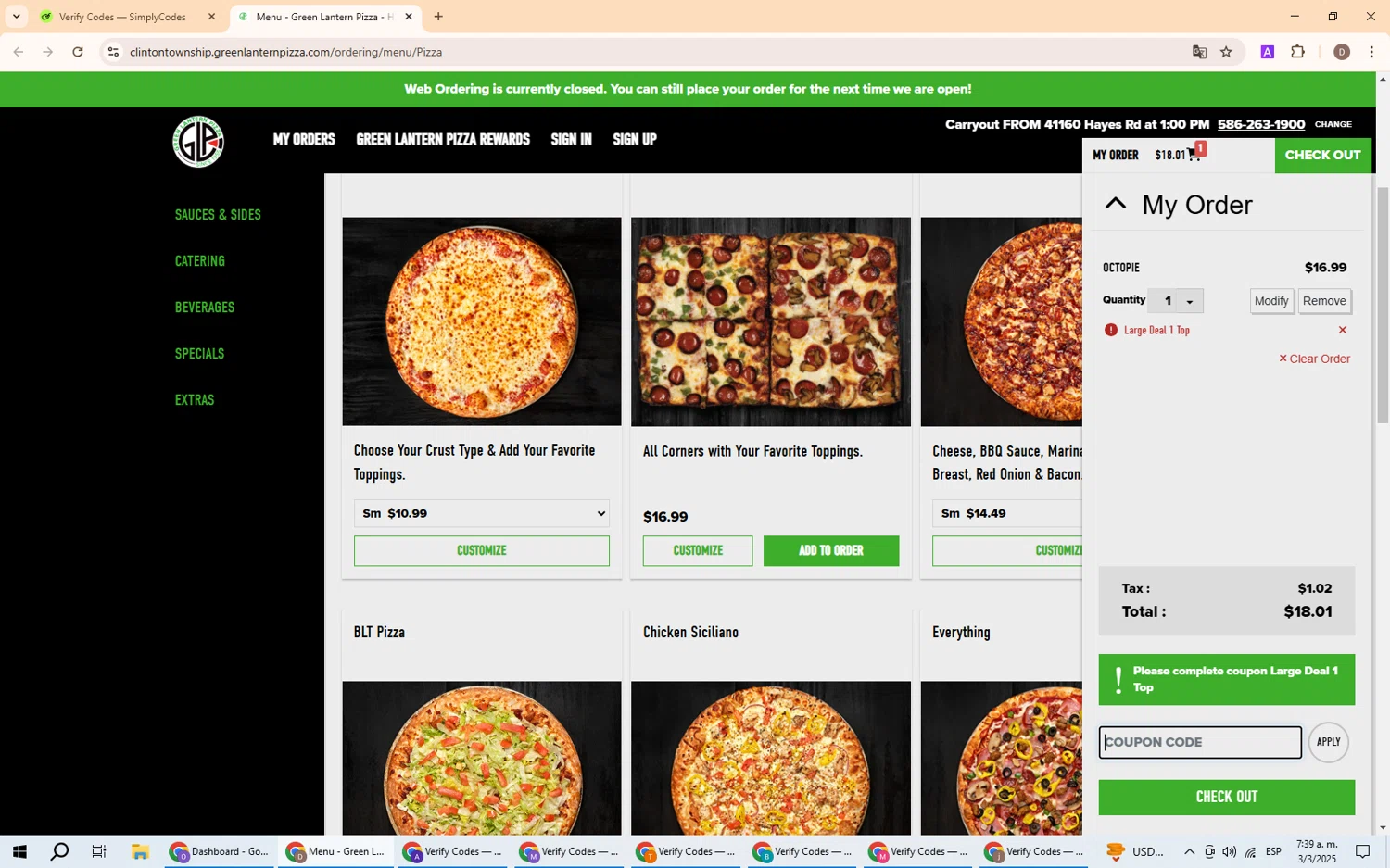 Green Lantern Pizza coupon code screenshot showing code LGDL applied at Green Lantern Pizza checkout page. Uploaded by SimplyCodes community member BrilliantWizard8884 on Mar 3, 2025