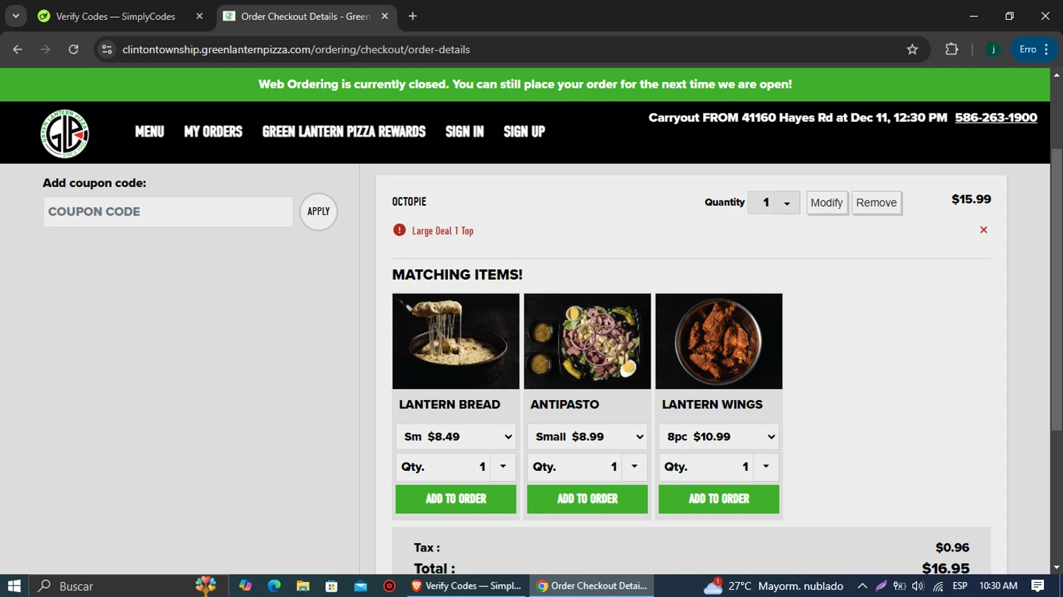Green Lantern Pizza checkout page showing Green Lantern Pizza coupon code box | Screenshot taken by SimplyCodes community member on Dec 5, 2024
