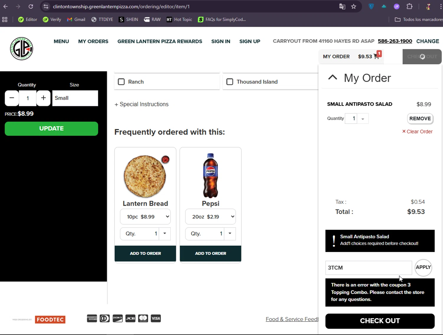 Green Lantern Pizza coupon code screenshot showing code 3TCM applied at Green Lantern Pizza checkout page. Uploaded by SimplyCodes community member DonGato on Sep 9, 2025