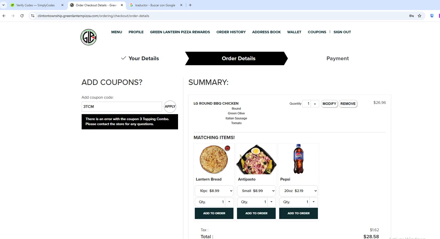 Green Lantern Pizza coupon code screenshot showing code 3TCM applied at Green Lantern Pizza checkout page. Uploaded by SimplyCodes community member ShieldWarden5142 on Sep 8, 2025