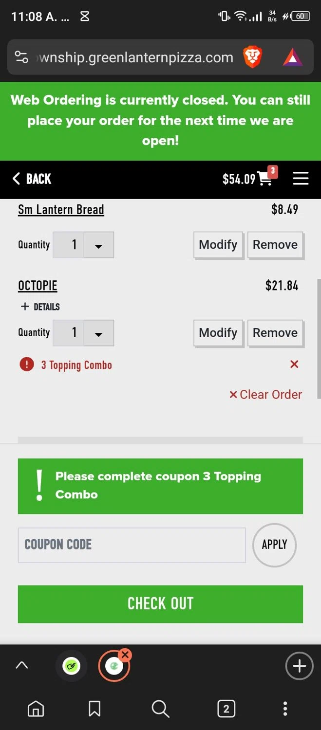 Green Lantern Pizza checkout page showing Green Lantern Pizza coupon code box | Screenshot taken by SimplyCodes community member on Dec 5, 2024