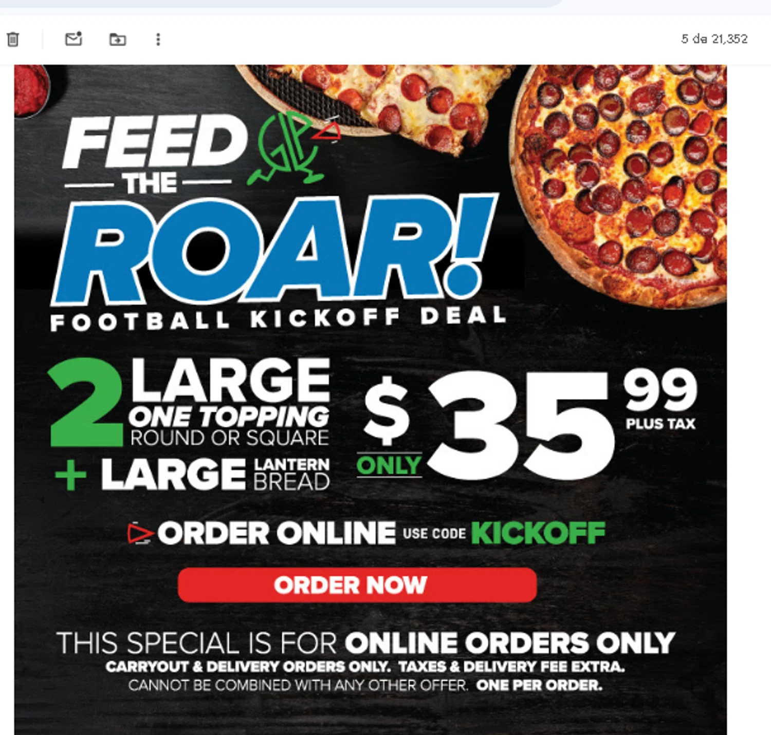 Green Lantern Pizza coupon code screenshot showing code KICKOFF applied at Green Lantern Pizza checkout page. Uploaded by SimplyCodes community member AMANDA2681 on Oct 20, 2025