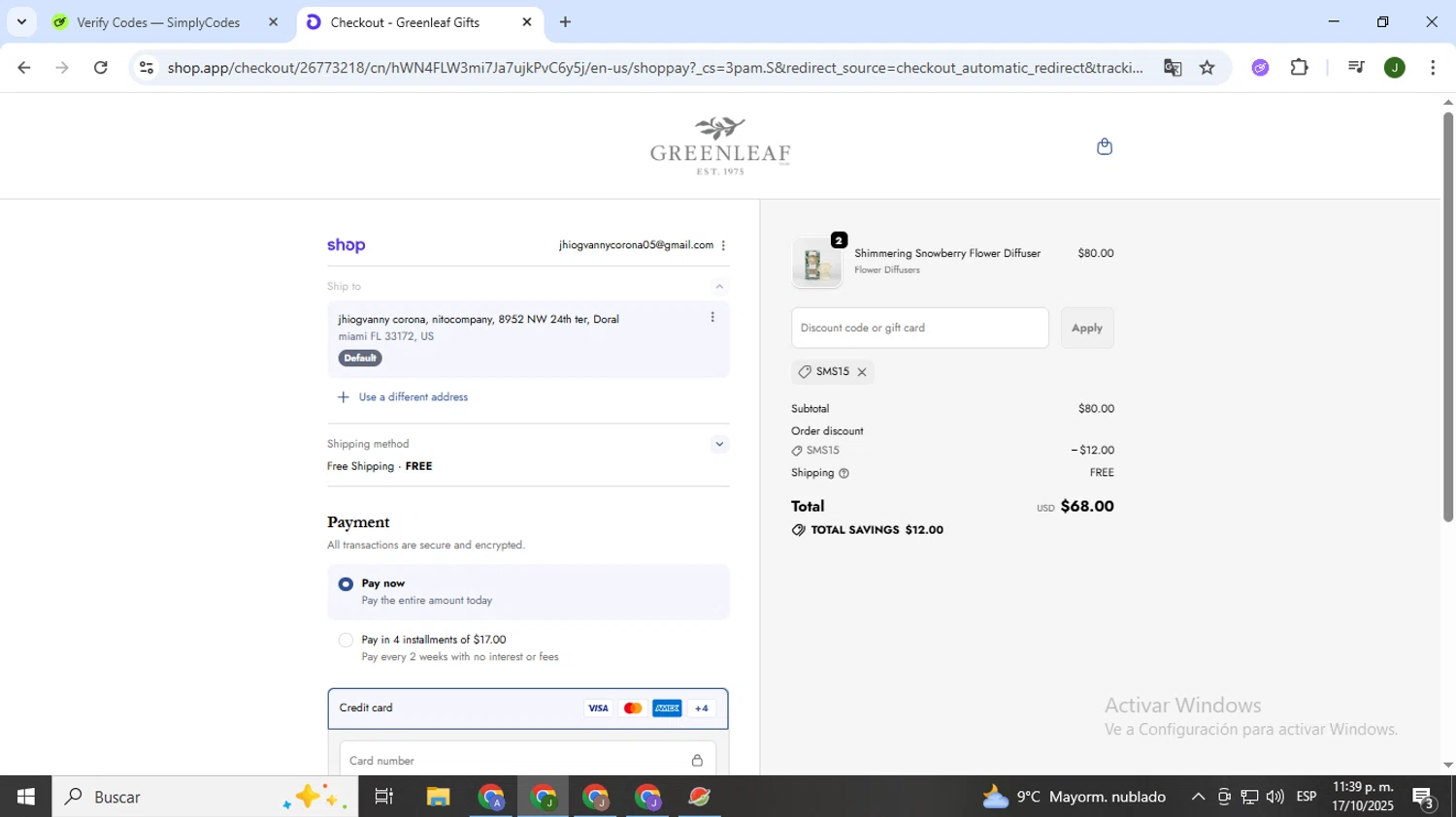 Greenleaf Gifts promo code screenshot showing code SMS15 applied at Greenleaf Gifts checkout page. Uploaded by SimplyCodes community member CleverSeeker3529 on Oct 18, 2025