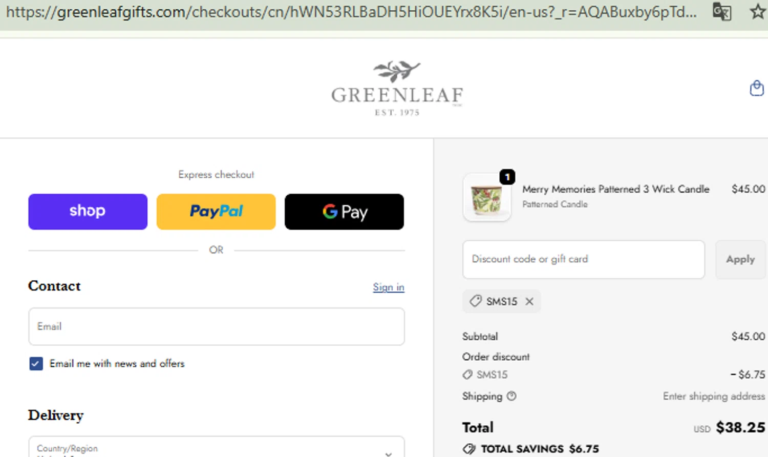 Greenleaf Gifts promo code screenshot showing code SMS15 applied at Greenleaf Gifts checkout page. Uploaded by SimplyCodes community member RewardFinder4836 on Nov 8, 2025