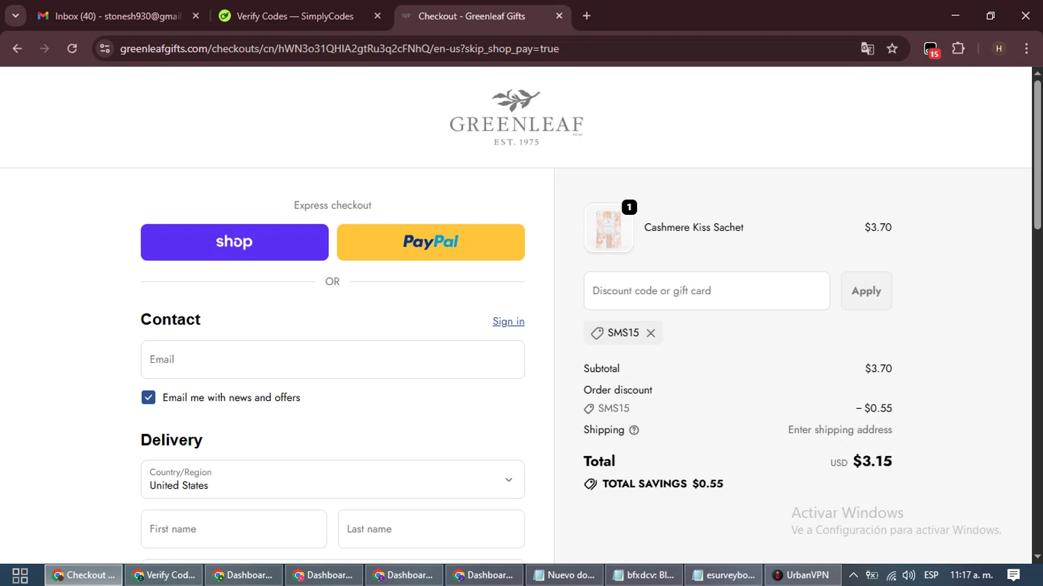 Greenleaf Gifts promo code screenshot showing code SMS15 applied at Greenleaf Gifts checkout page. Uploaded by SimplyCodes community member VictoriousPioneer8823 on Oct 6, 2025